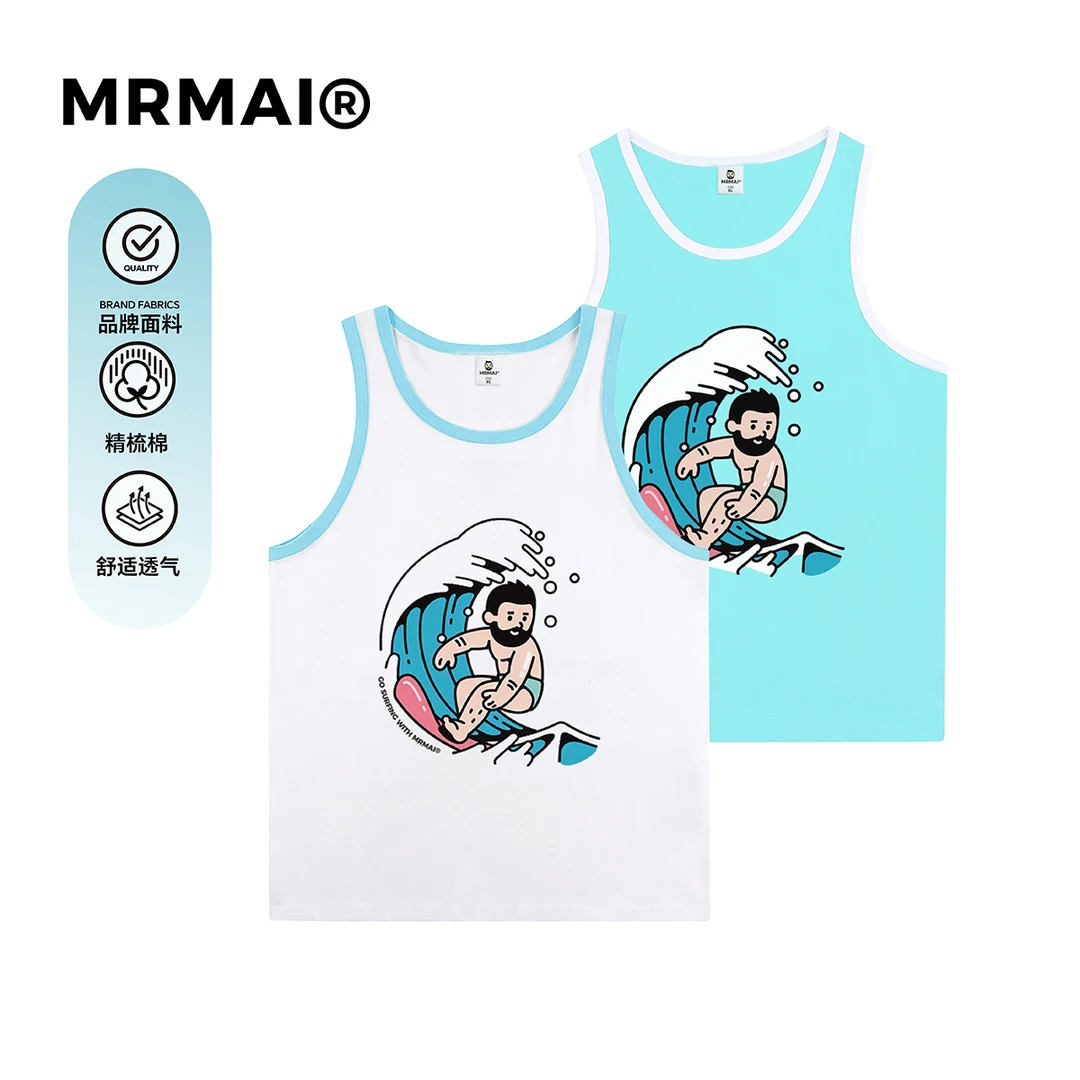 MRMAI CHILL系列夏日冲浪主题印花白色浅蓝彩边运动健身休闲背心