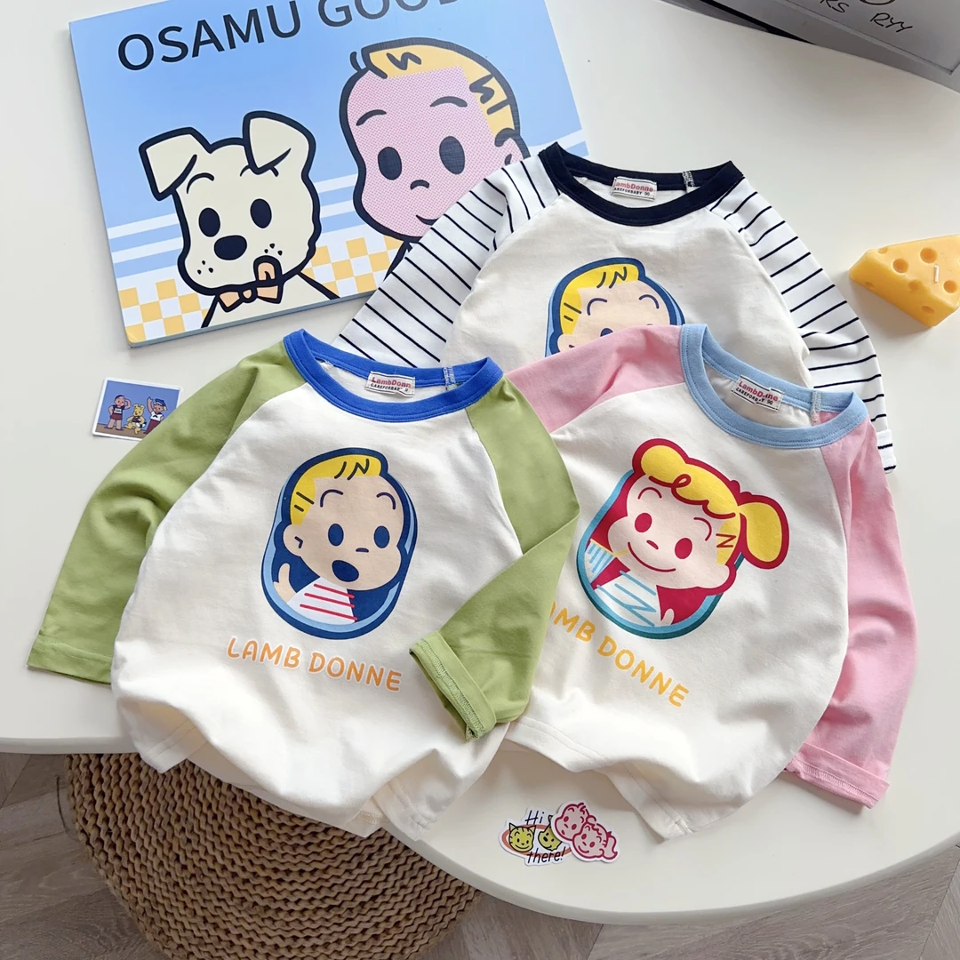 儿童打底衫24年秋款原田男女童长袖t恤条纹拼色插件袖上衣1495