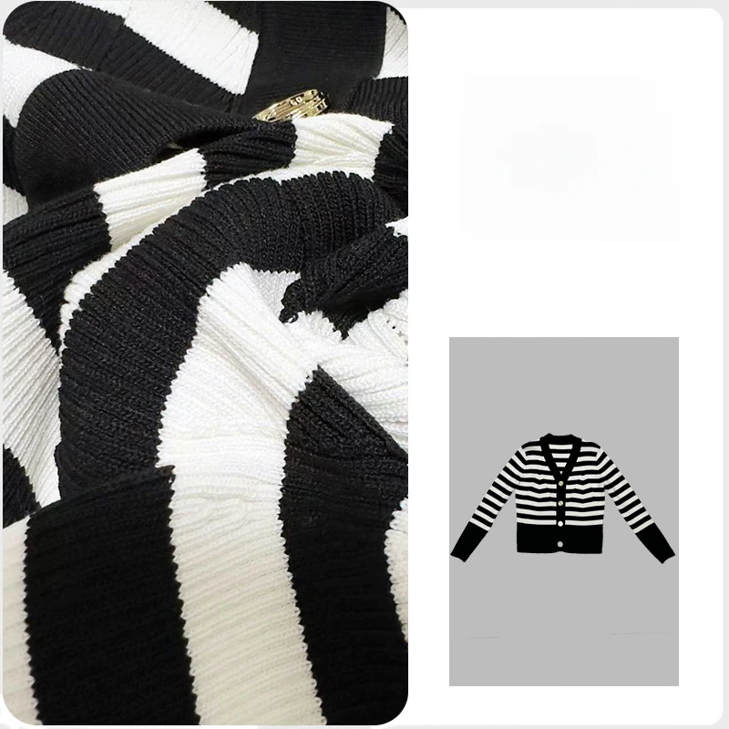 V领撞色拼色时尚针织黑白条纹开衫女款777-2#