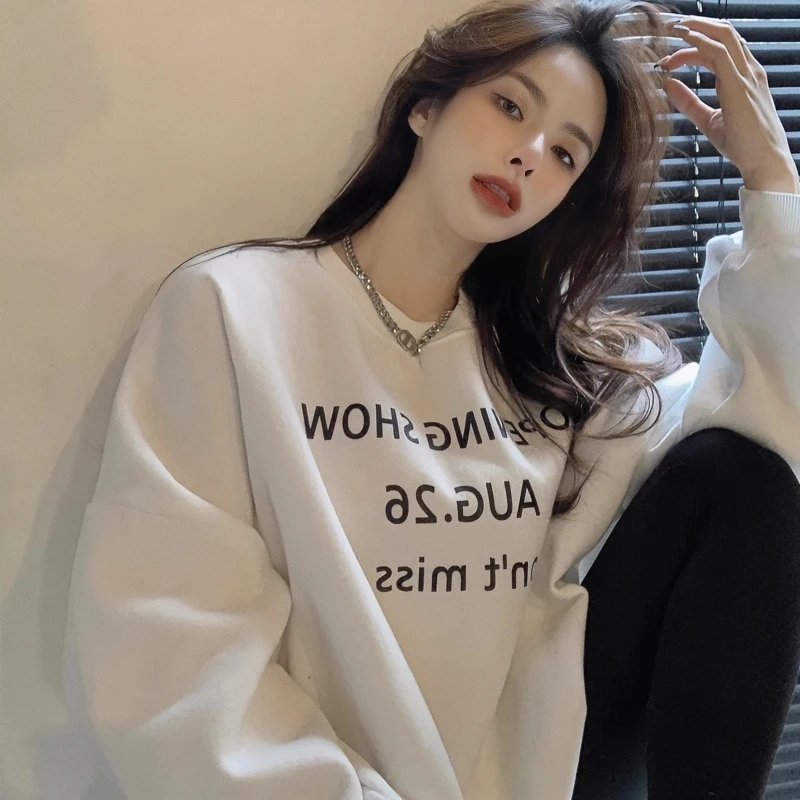 美式白色百搭oversize慵懒风卫衣女秋冬季加绒宽松ins潮牌上衣女