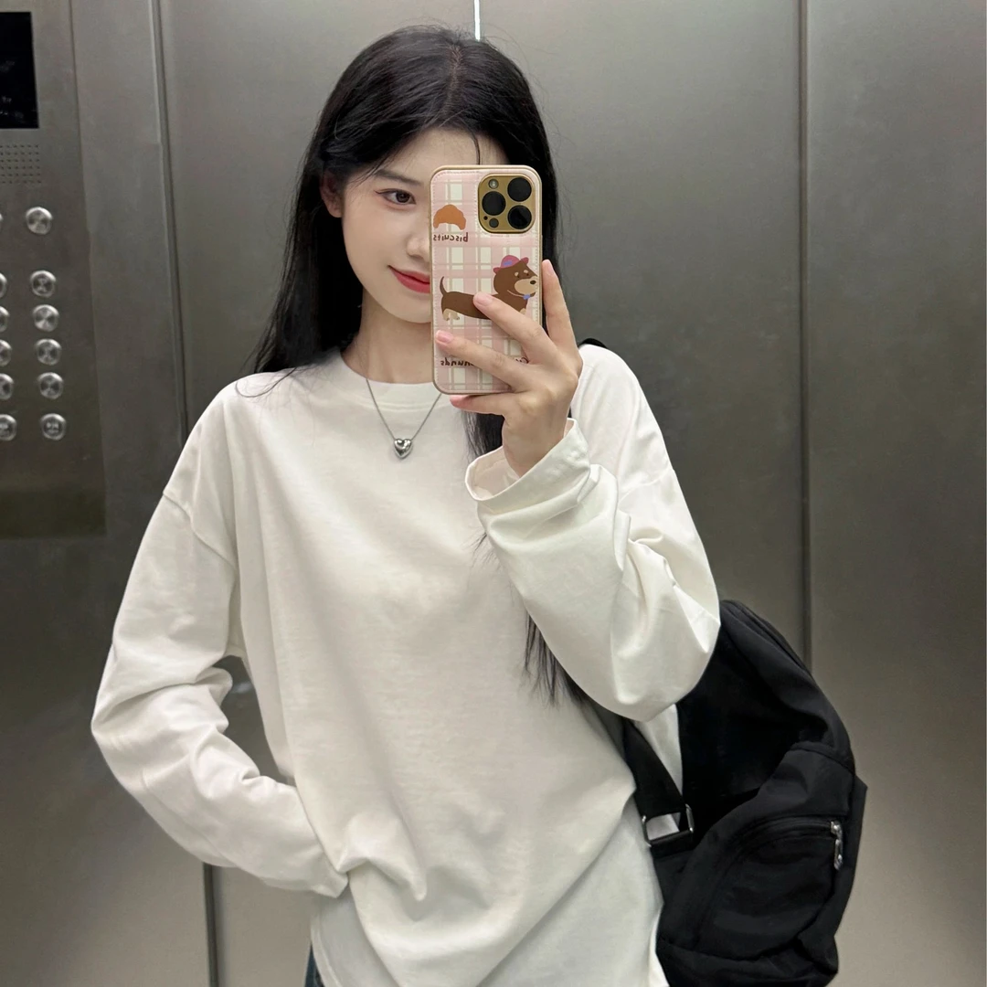 白色宽松纯色简约长袖t恤女内搭百搭ins打底衫纯棉慵懒松弛感上衣