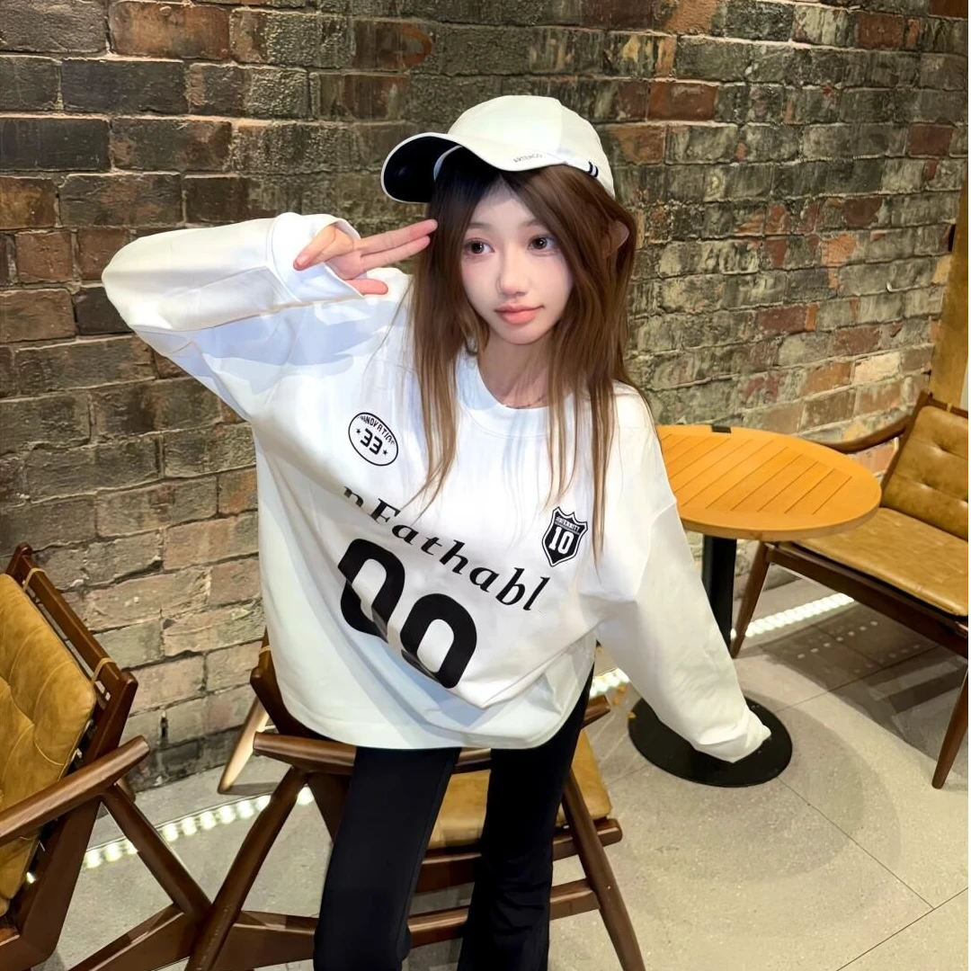 美式复古高街潮牌小众白色百搭纯棉秋冬薄款长袖t恤女宽松ins上衣