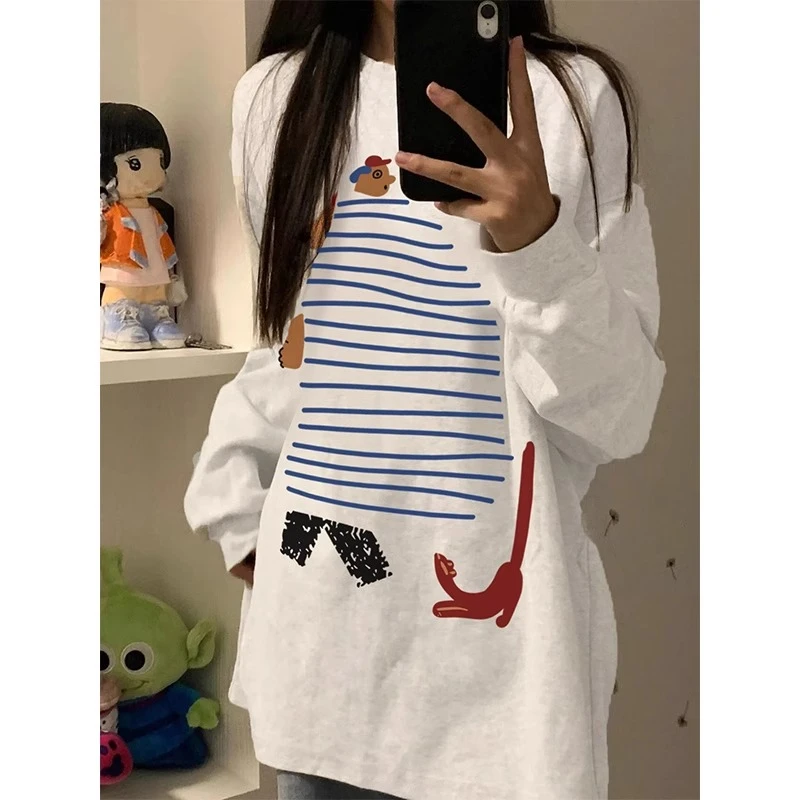 韩系白色感纯棉圆领长袖慵懒风T恤女百搭早秋冬季薄款ins潮牌宽松