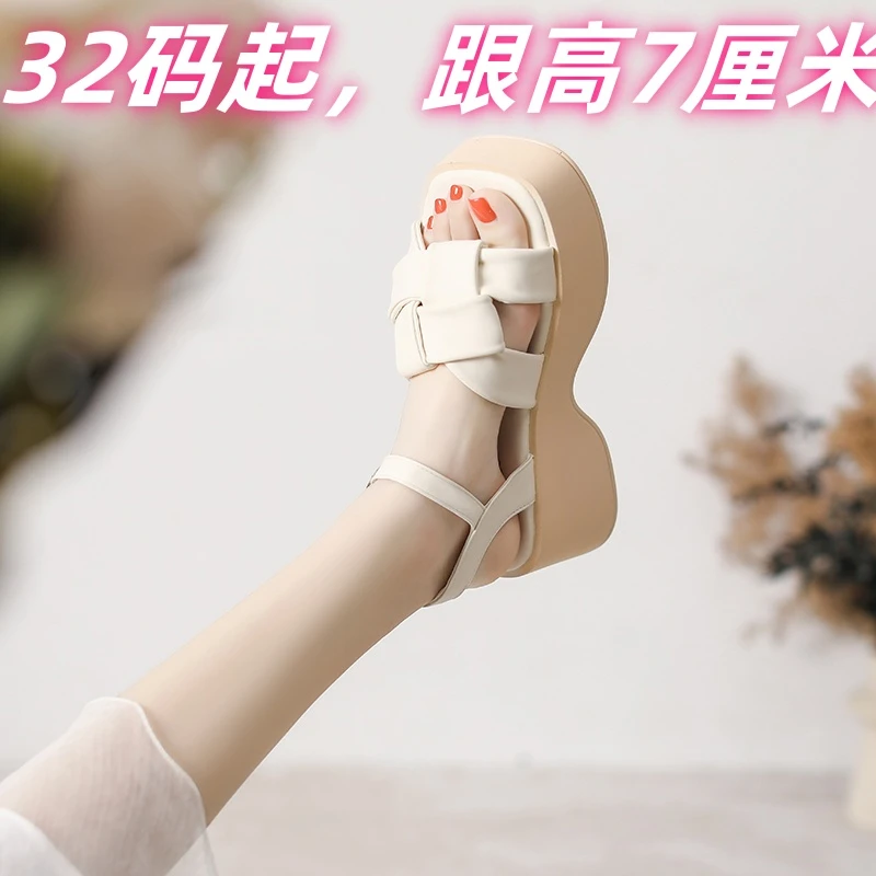 32码仙女风女2024年夏季新款松糕厚底沙滩鞋平底编织外穿罗马休闲