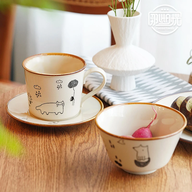 陶瓷咖啡杯碟日式一人食饭碗盘碟子可爱卡通餐具餐碗下午茶杯子