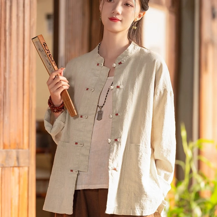 24新中式女装复古立领缠线盘扣上衣开衫女式棉麻国风改良唐装外套