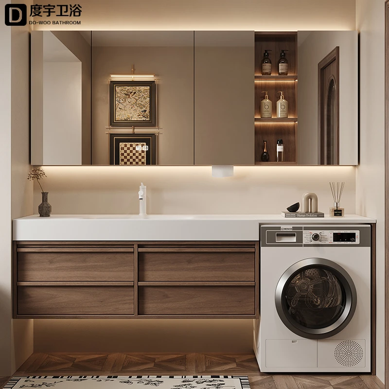 阳台台面洗衣机中式古风岩板浴室柜组合卫生间洗衣机柜台盆一体