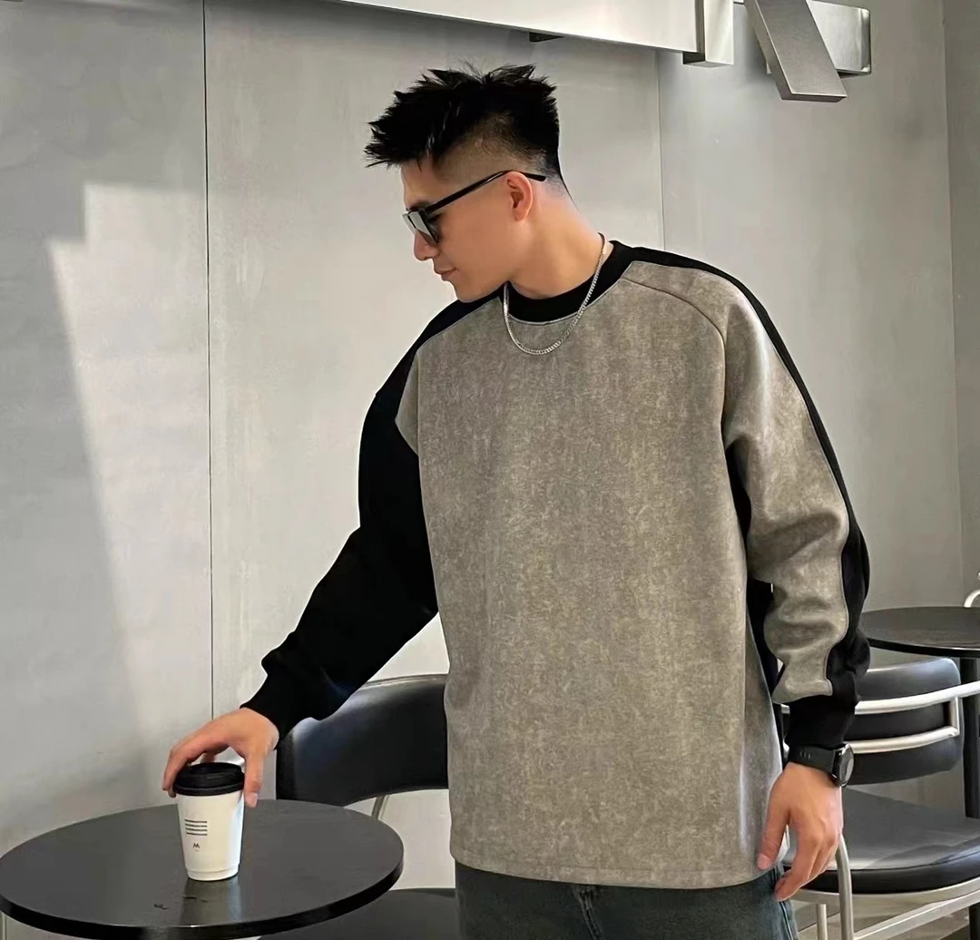 秋季男上衣打底衫男士时尚保暖圆领秋冬拼接套头卫衣百搭春秋韩版