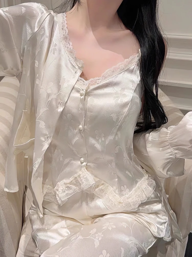 夏季睡衣女春秋款三件套吊带胸垫提花国风蕾丝性感冰丝家居服套装