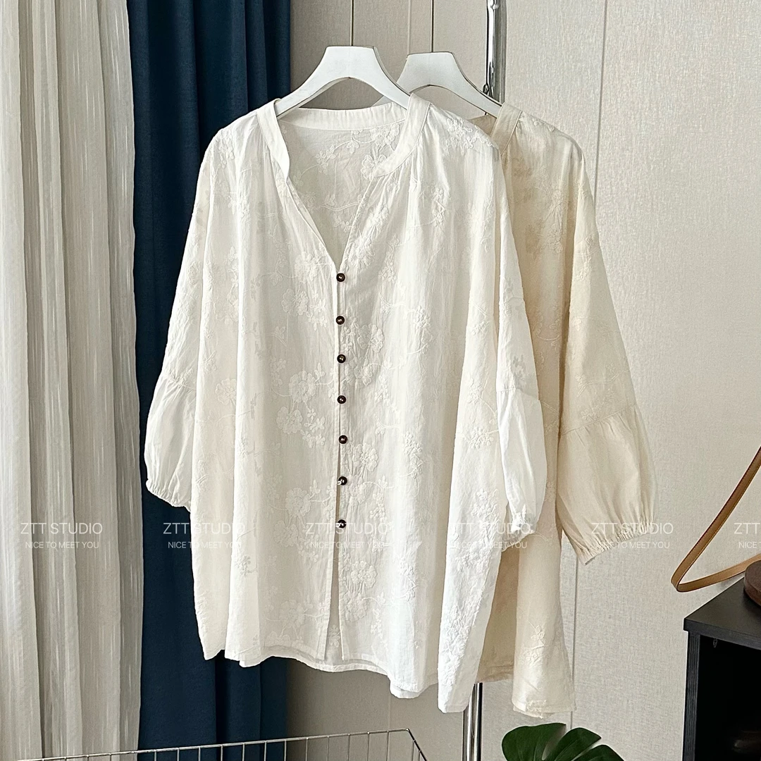 【ZTT】全棉精梳棉提花刺绣宽松衬衫白色女夏季韩版七分袖衬衣