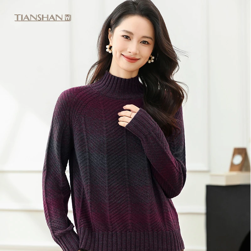 天山【品牌】秋冬新款女士气质百搭宽松半高领女士针织衫-YTNL5365T