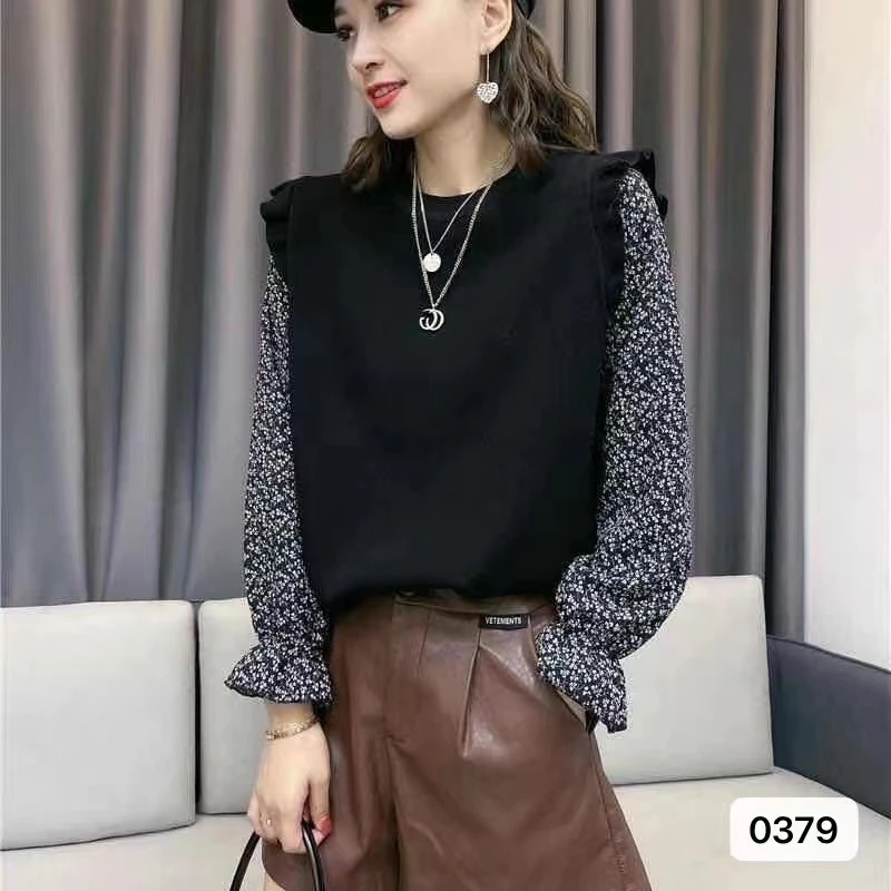 （100-200）洋气复古长袖拼接针织衫女装新款设计感小众百搭上衣