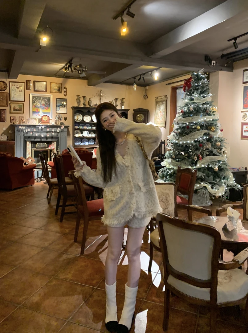 【618现货5折】小香编织时尚蕾丝开衫法式小香风毛针织套装81691