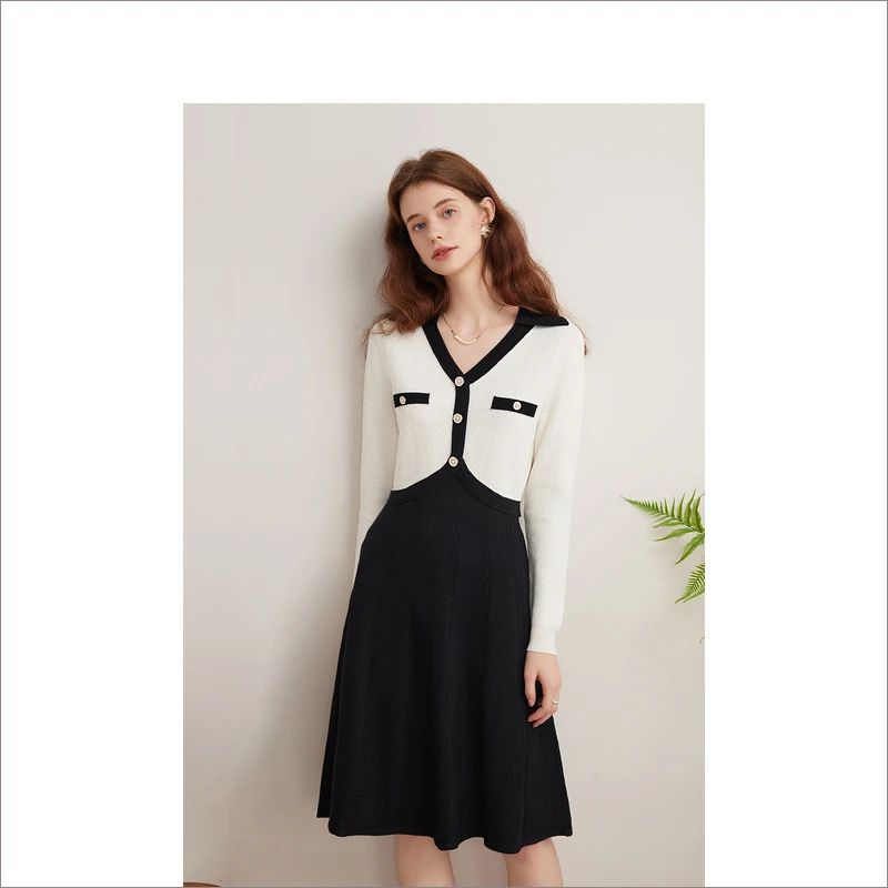 Goodland美地女装春秋新款云感真丝羊毛小香风连衣裙LC34306727