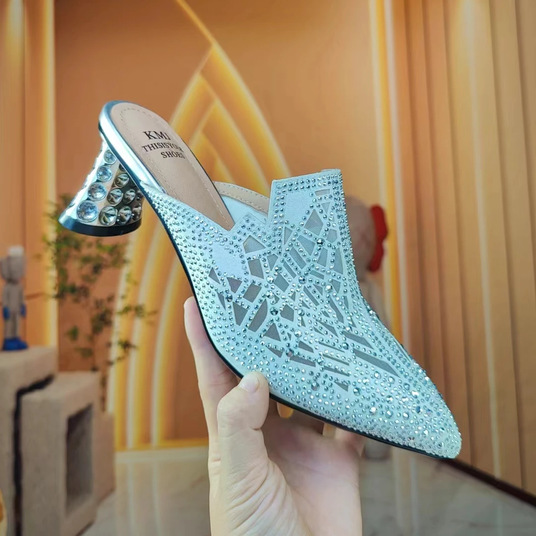 气质半拖鞋女夏季外穿新款真皮粗跟水钻中跟时尚凉拖鞋透气2029