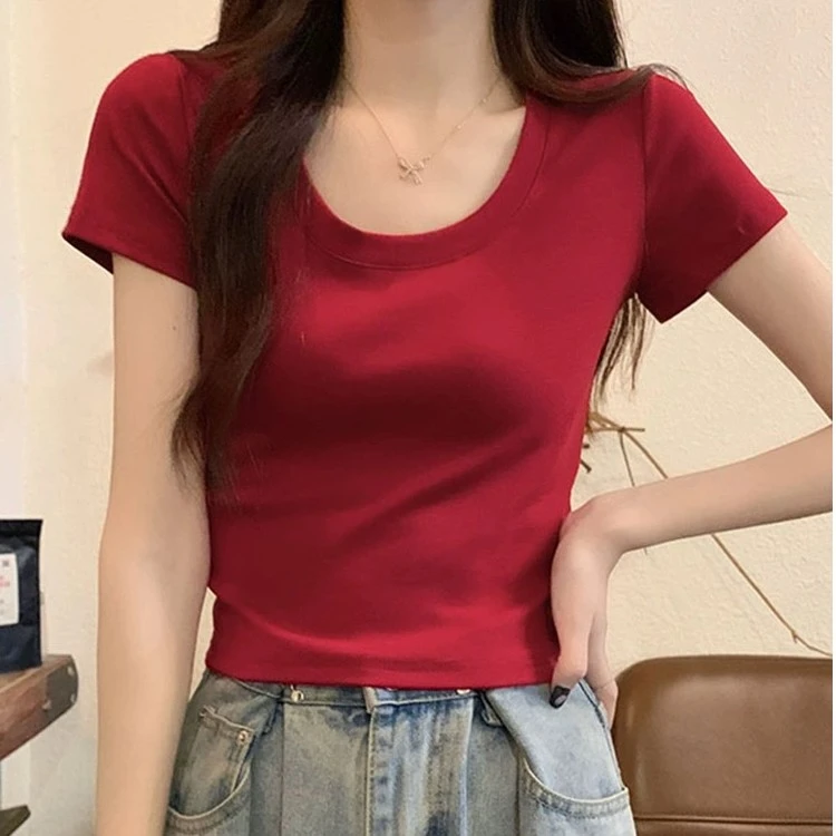 纯欲低领露锁骨t恤女夏季修身U领高腰短款甜辣妹正肩短袖显瘦上衣