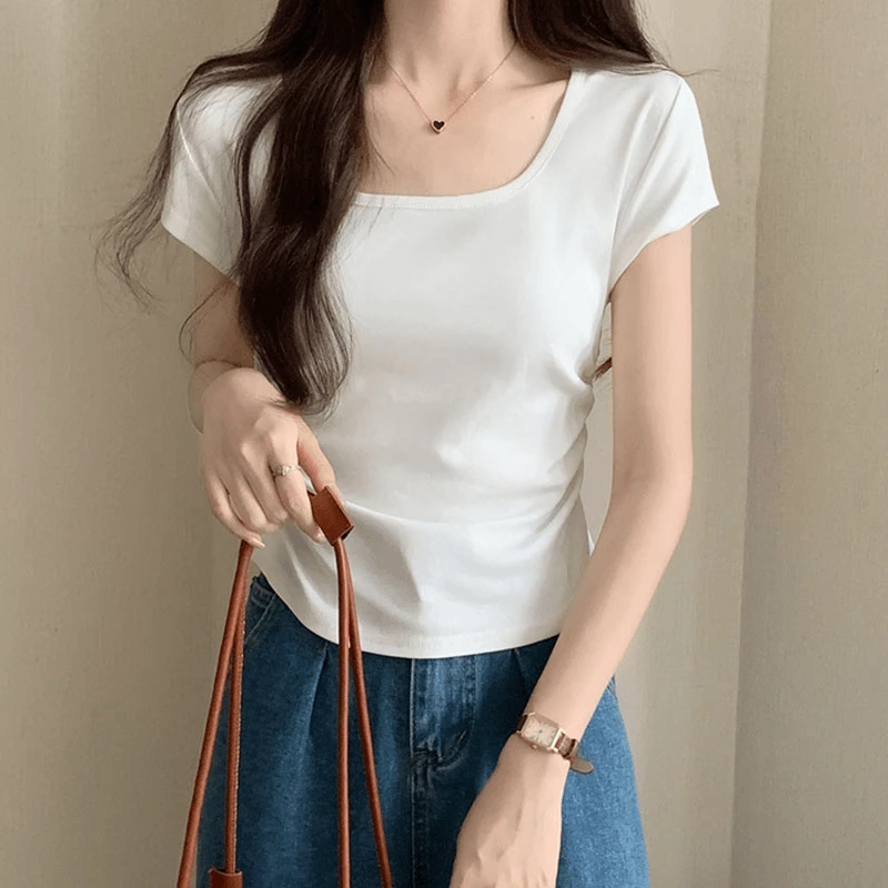 正肩方领短袖T恤女抽褶不规则设计感夏季百搭短款修身辣妹上衣潮
