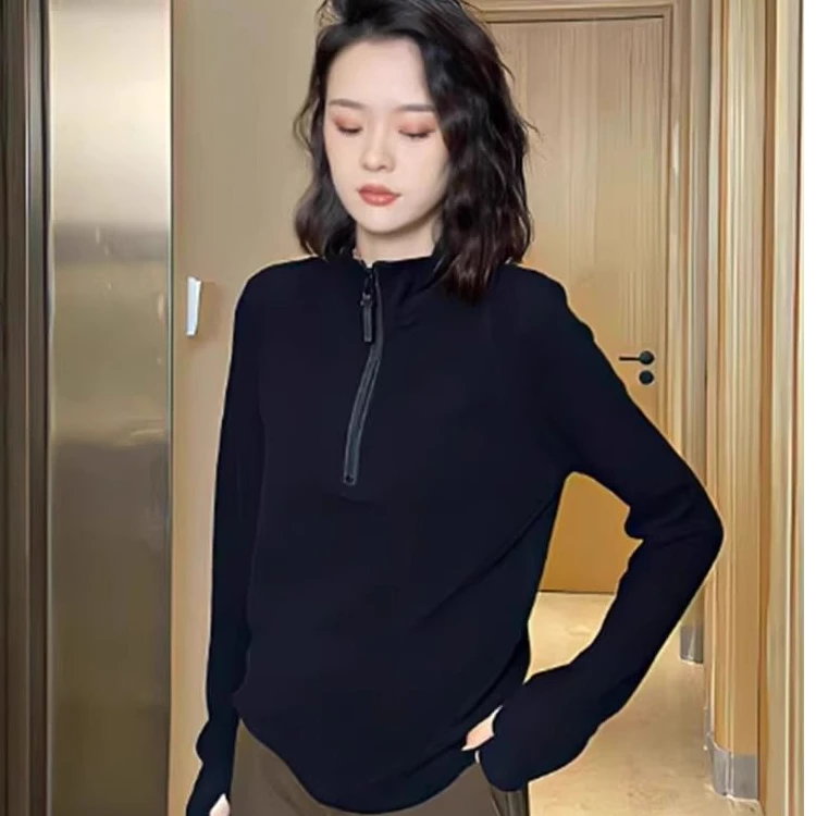 立领双面德绒打底衫女秋冬新款洋气减龄磨毛内搭半拉链套头上衣服