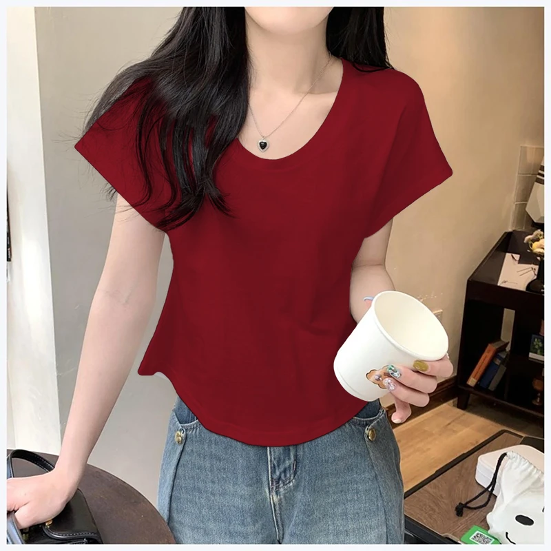 2025夏季新款弧形下摆正肩短袖女上衣韩版百搭纯欲U领锁骨t恤半袖