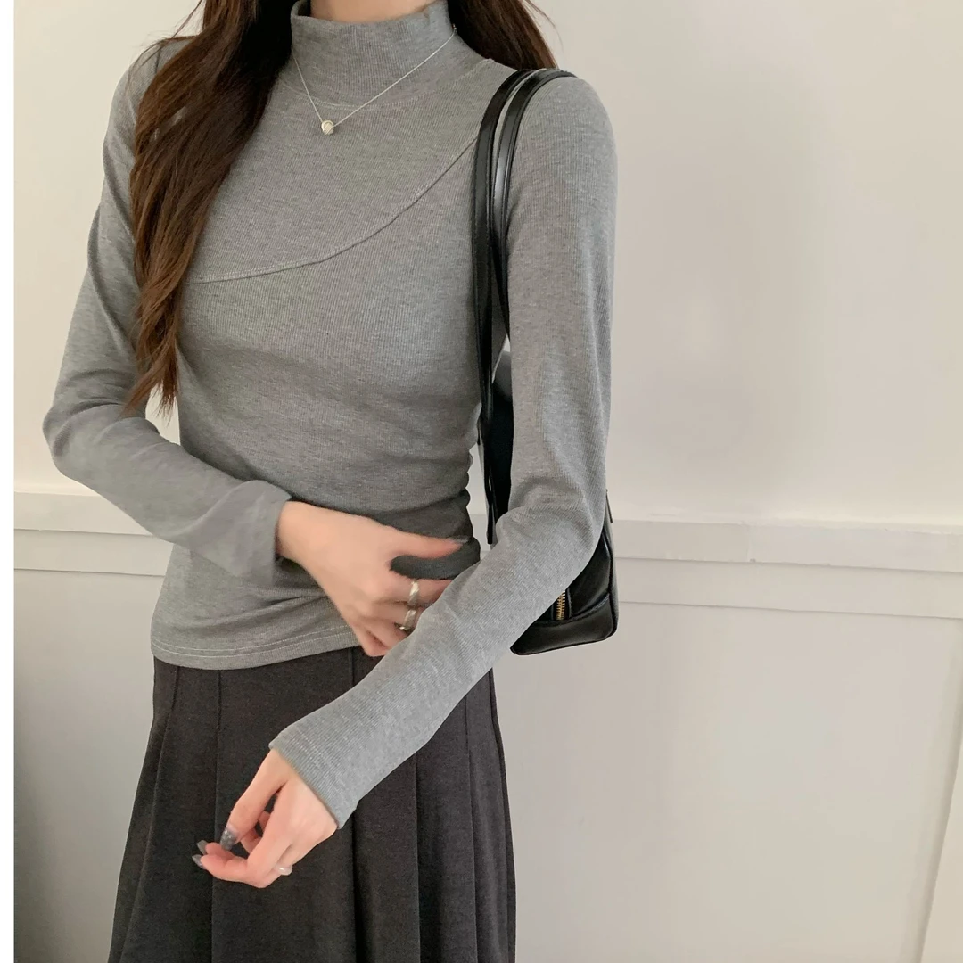 灰色内搭加绒小立领打底衫女修身上衣小众设计感拼接磨毛长袖t恤