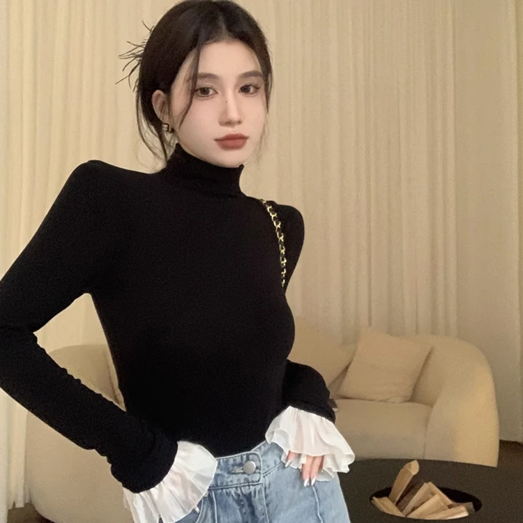休闲高领软弹气质打底衫女春季2024新款拼接修身内搭别致网红上衣