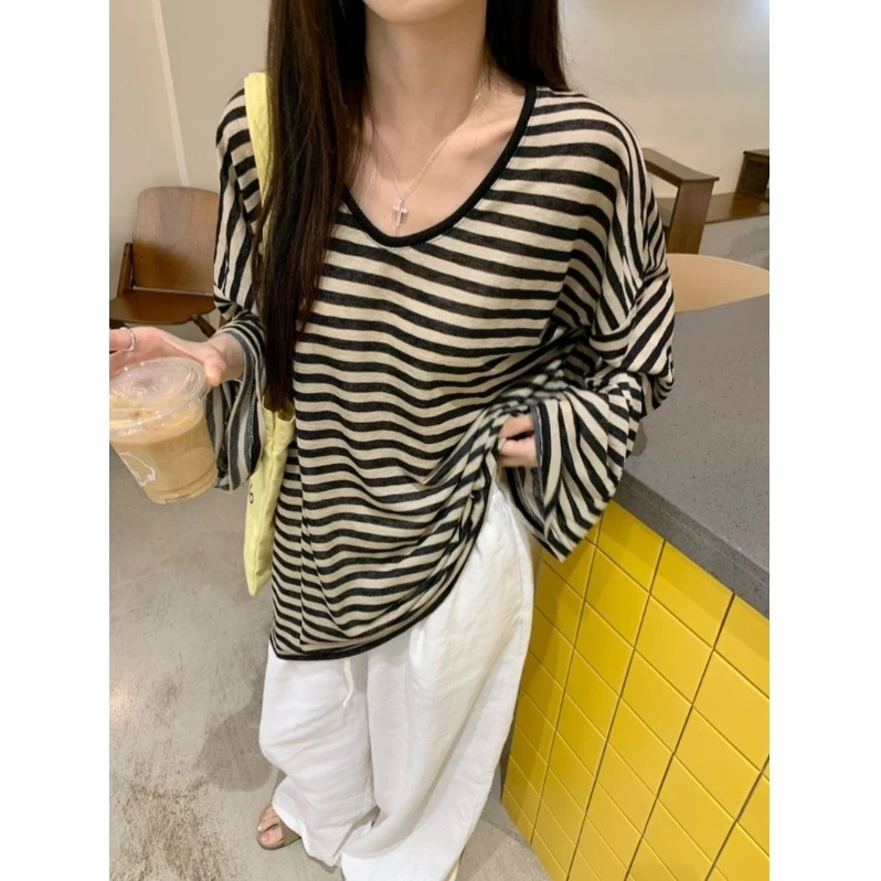 慵懒风撞色条纹U领长袖防晒T恤女夏季薄款微透宽松休闲莱赛尔上衣