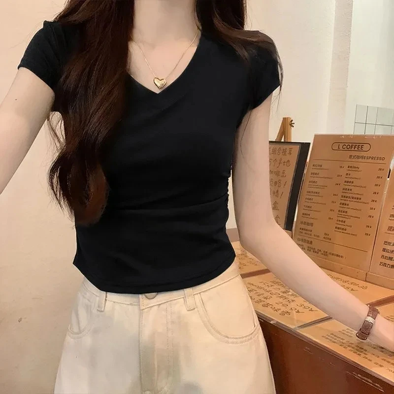 小个子短款上衣女设计感小众夏季修身美式甜辣v领正肩黑色短袖T恤