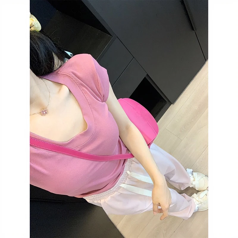 棉质正肩粉色t恤女短袖夏季u领修身收腰上衣紧身低领简约半袖体恤