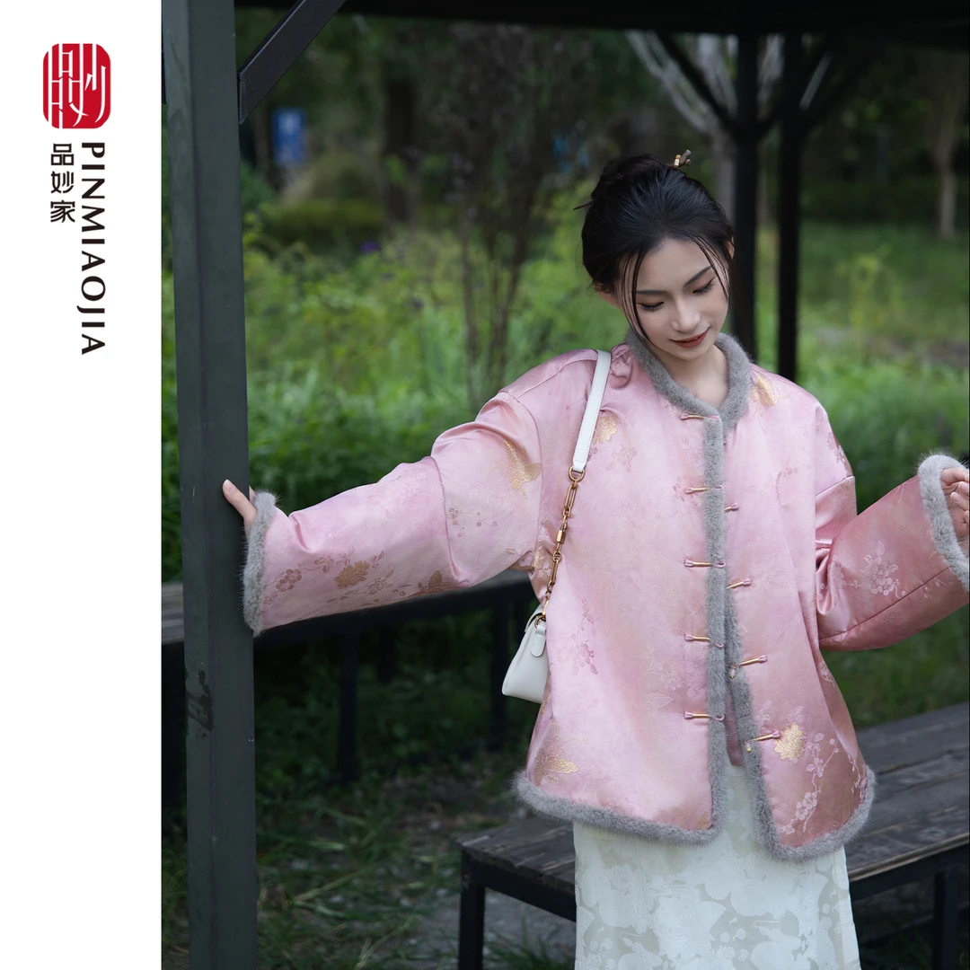 新中式圆领高密保暖羽绒服水貂毛90鹅绒服桑蚕丝金丝粉色羽绒服