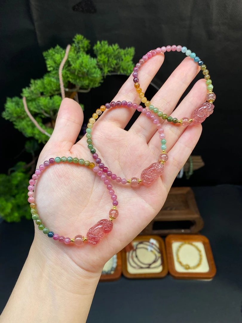 【碧玺3.6m手串】A401搭配草莓晶貔貅手链手串时尚多样性发一彩色