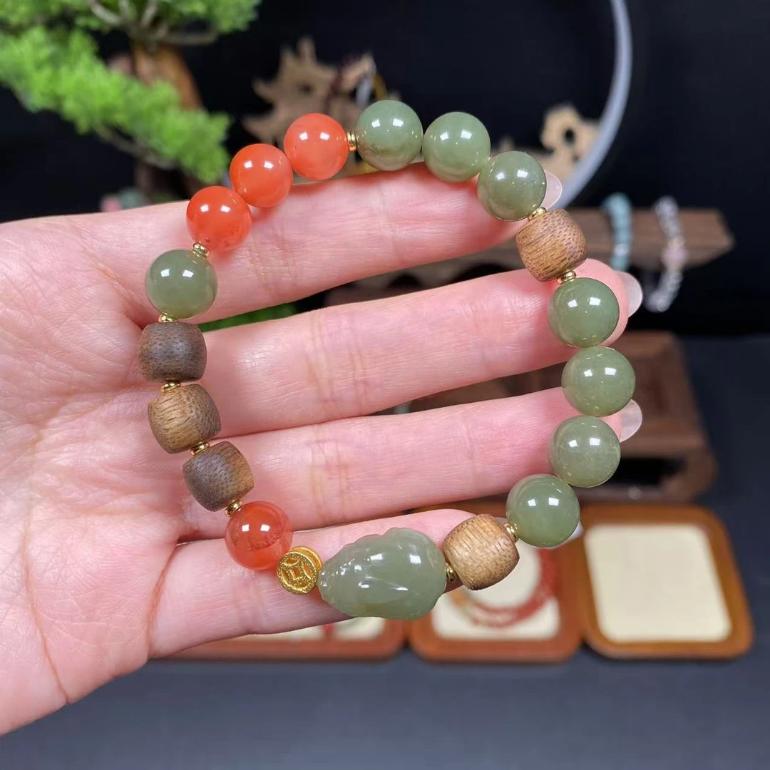 【和田玉10m手串】A507搭冰飘南红配和田玉貔貅手串百搭时尚