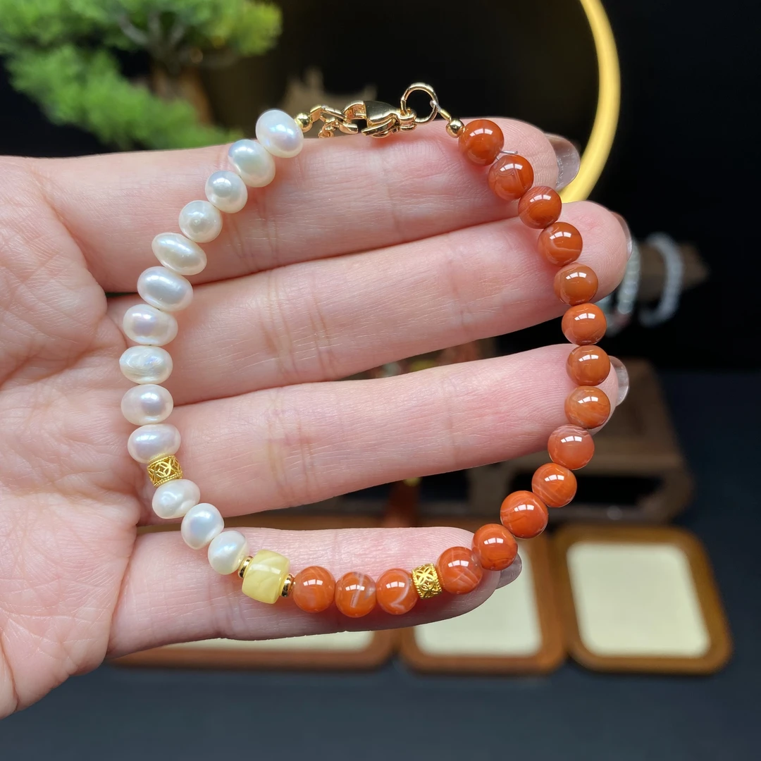 【南红+淡水珍珠手链】A446搭配蜜蜡桶珠半山半水手串时尚时尚百搭