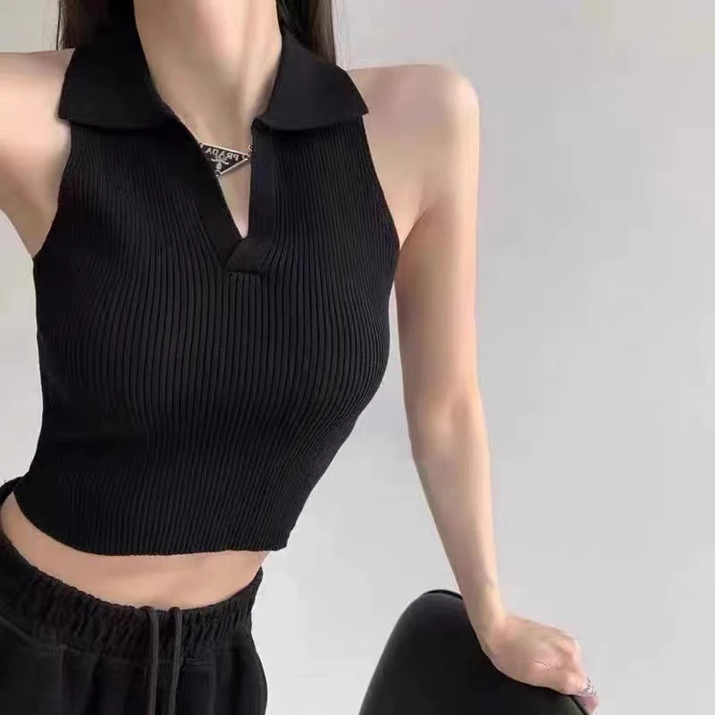 无袖翻领露肩短款上衣挂脖吊带背心女polo衫夏季外穿辣妹针织吊带