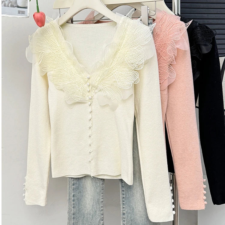 设计感小众蕾丝花边v领打底针织衫女春秋修身显瘦内搭高级感上衣