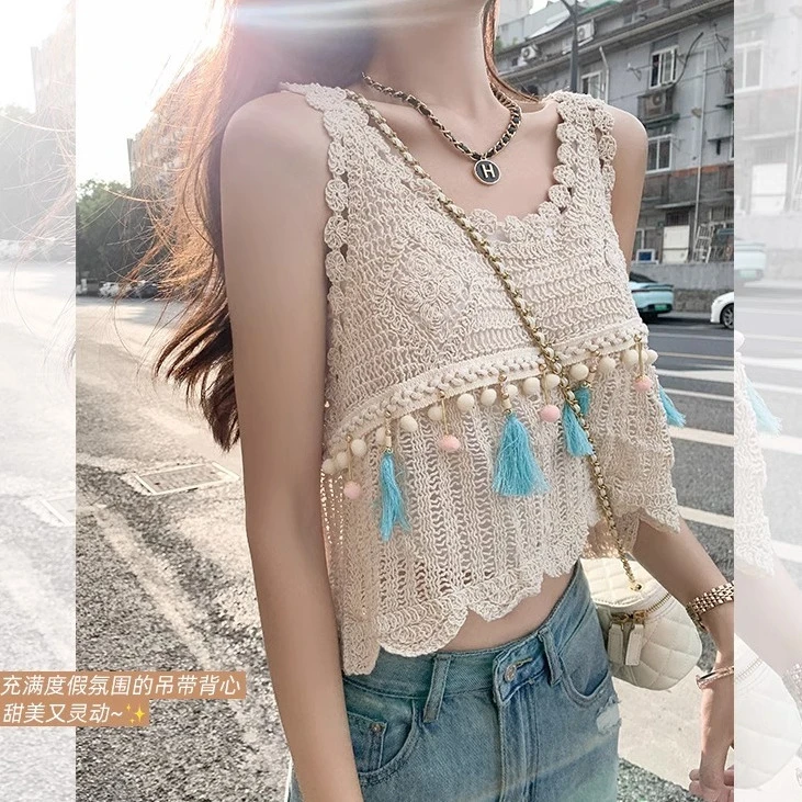 时尚蕾丝镂空夏季无袖针织韩版背心女薄款短款外穿吊带上衣百搭