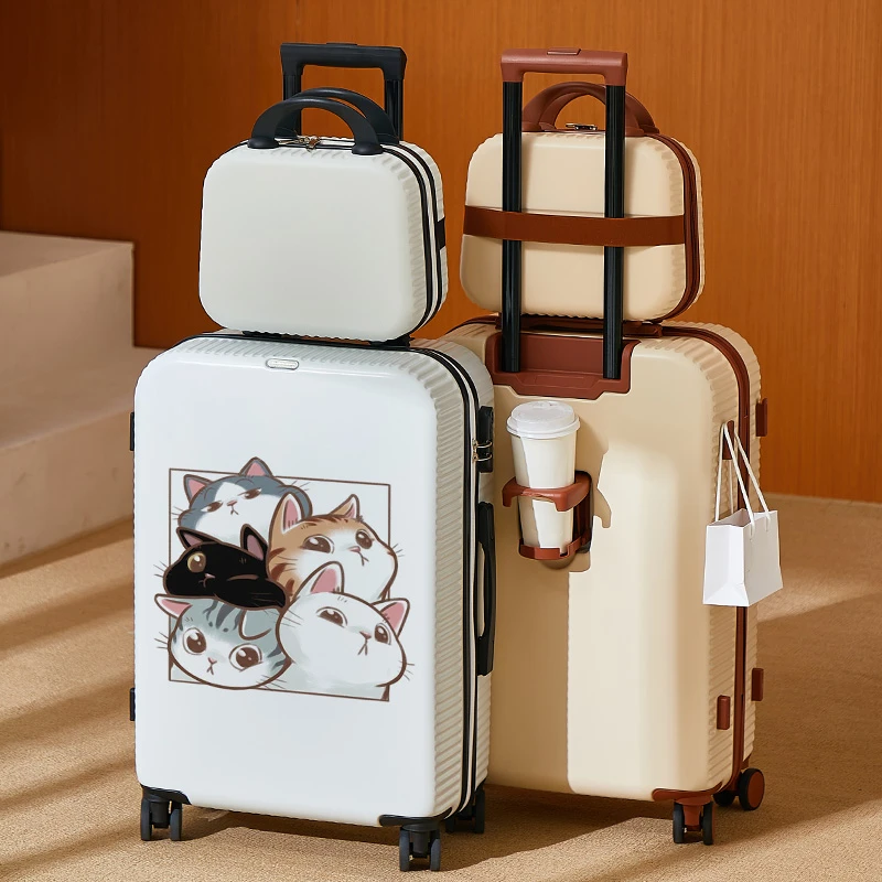 旅晨新款涂鸦可爱猫猫卡通高颜值行李箱学生时尚密码女轻便登机箱