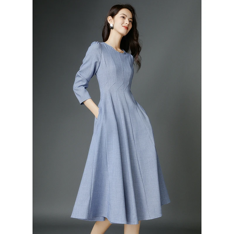 晚白欧若风收腰法式气质通勤高腰七分袖连衣裙省心穿搭24072688