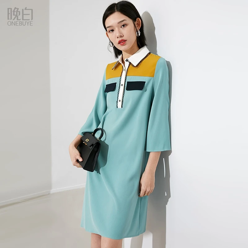 晚白春夏时尚拼色T恤裙休闲流行宽松翻领减龄显瘦连衣23091013