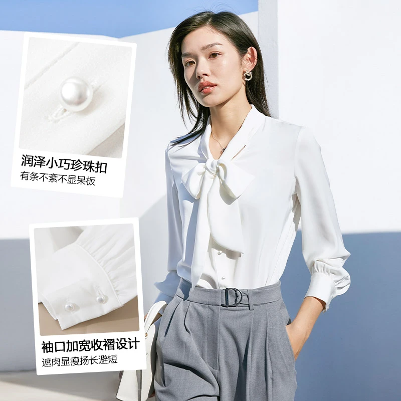 晚白春季新品优雅衬衣系带领流行职业通勤长袖衬衫女23011003