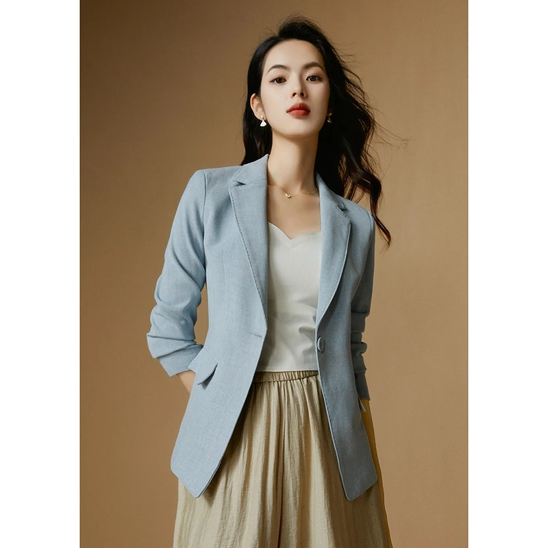 晚白春新款时尚休闲外套简约流行气质翻领纯色西装女24061941