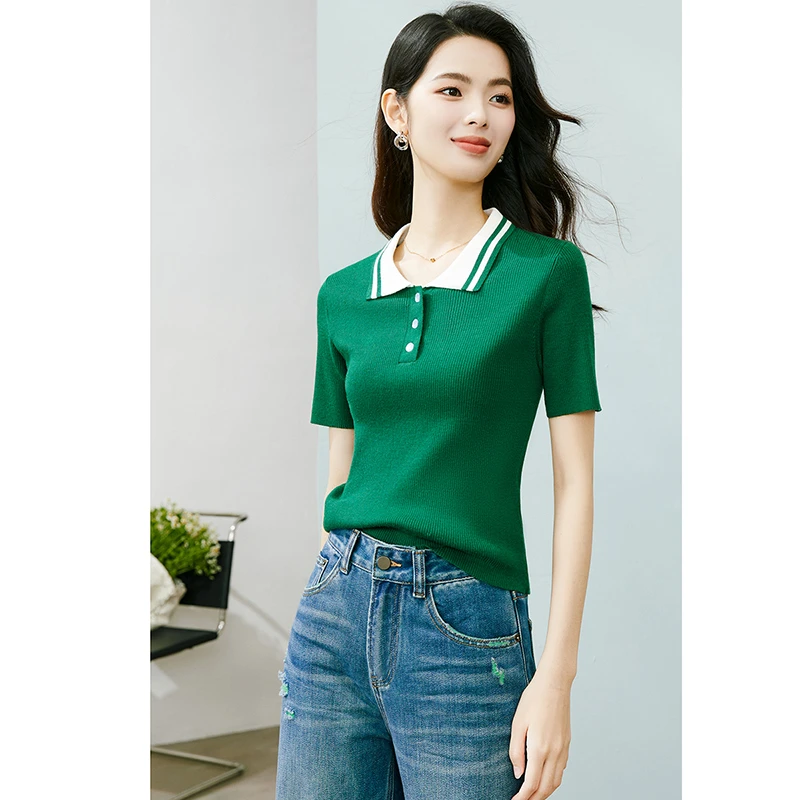 晚白绵羊毛时尚流行简约减龄翻领套头针织短袖女24011912