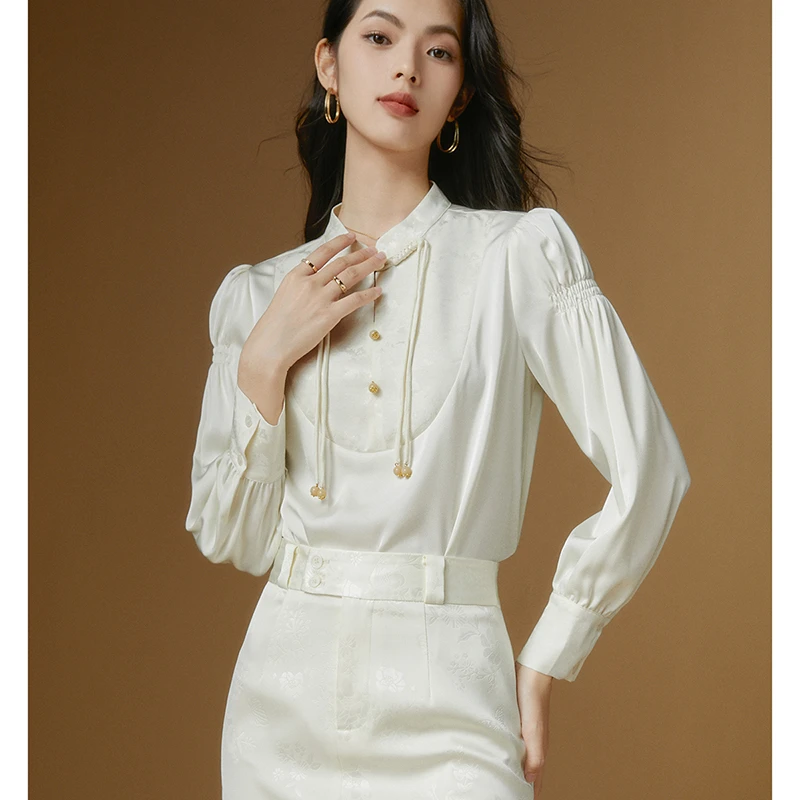 晚白新款时尚简约气质衬衣新中式国风通勤衬衫女24072237