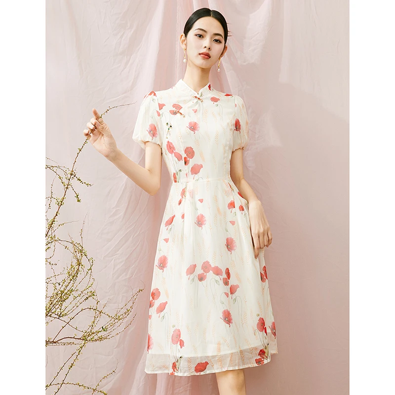 晚白新款优雅国风印花裙收腰显瘦新中式立领连衣裙24032013