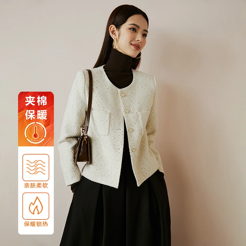 晚白冬季新款小个子穿搭夹棉简约气质淑女小香风外套女24081518