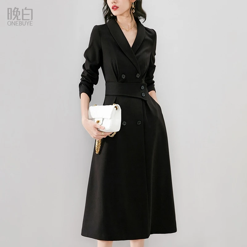 晚白反季OL西装裙纯色高腰显瘦长袖气质通勤轻奢连衣裙23080639
