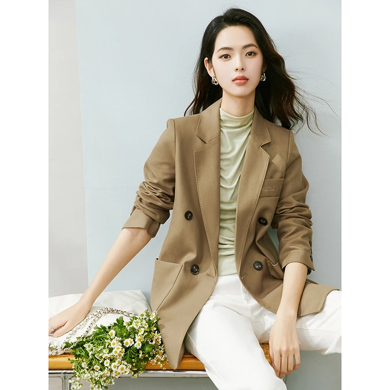 晚白春季优雅时尚气质雅丹风西服卡其色修身通勤西装外套24061411