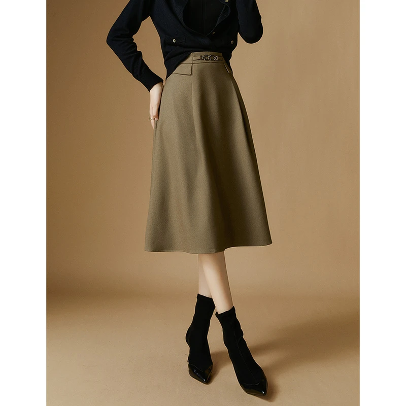 晚白新款高腰纯色半裙通勤时尚A摆休闲OL半身裙24061982