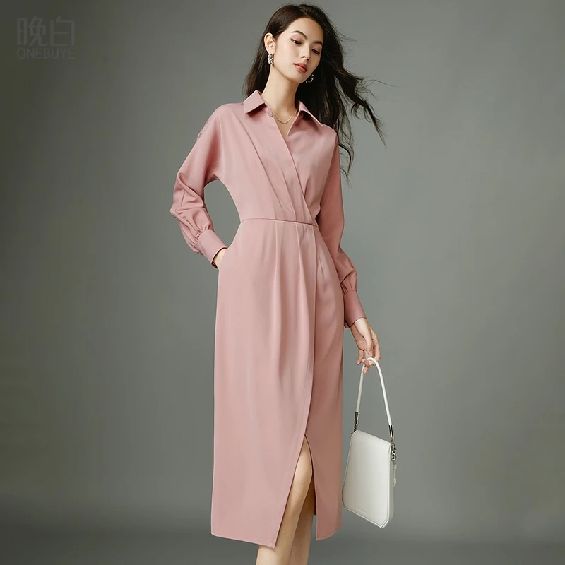 晚白【现货】新款时尚简约气质裙子休闲纯色简约衬衫连衣裙24080304