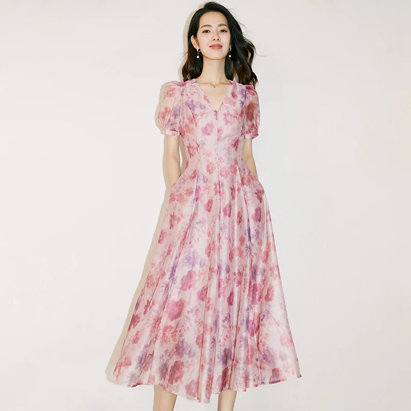 晚白新款时尚简约裙子休闲高腰V领碎花雪纺连衣裙24040734