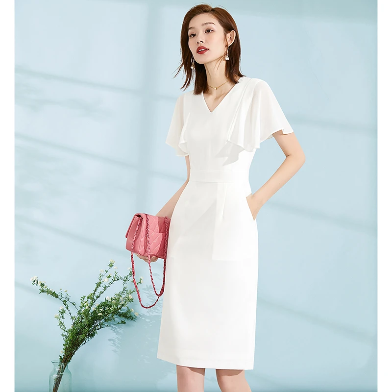 晚白新款修身包裙纯色V领喇叭袖高腰淑女OL连衣裙24032928